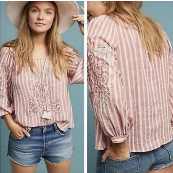 Anthropologie Tops - Anthropologie Pink Striped Embroidered Blouse